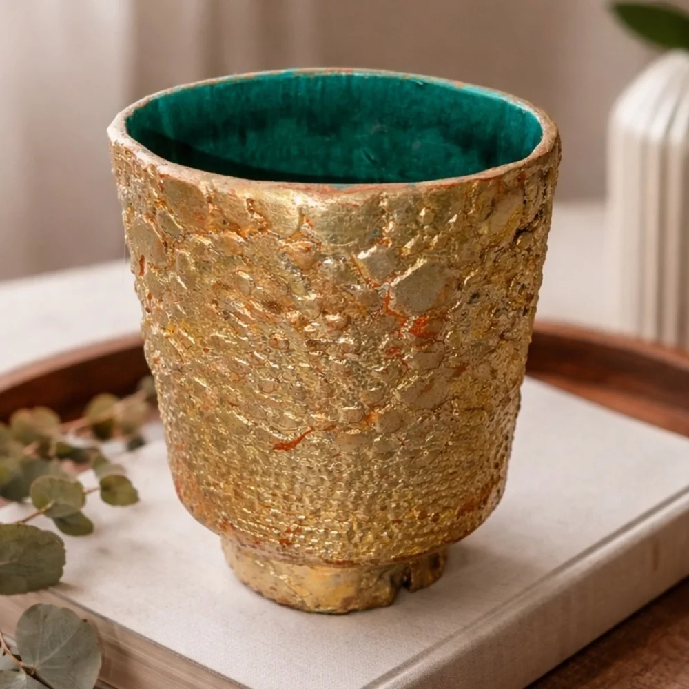 Handmade 20th Century Gold Textured Ceramic Vase | Sculptural Artisan Pottery